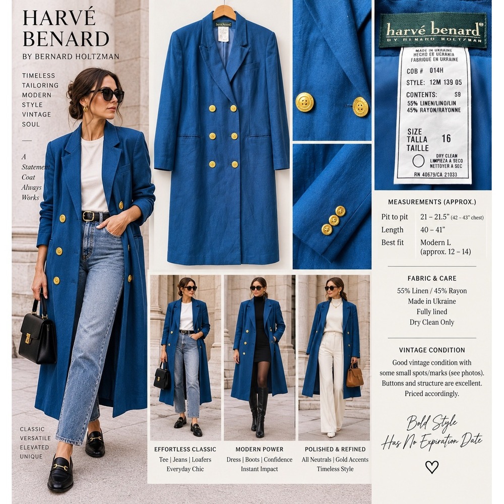Harve Benard Womens 16 Blue Linen Blend Long Blazer Coat Gold Double Breasted